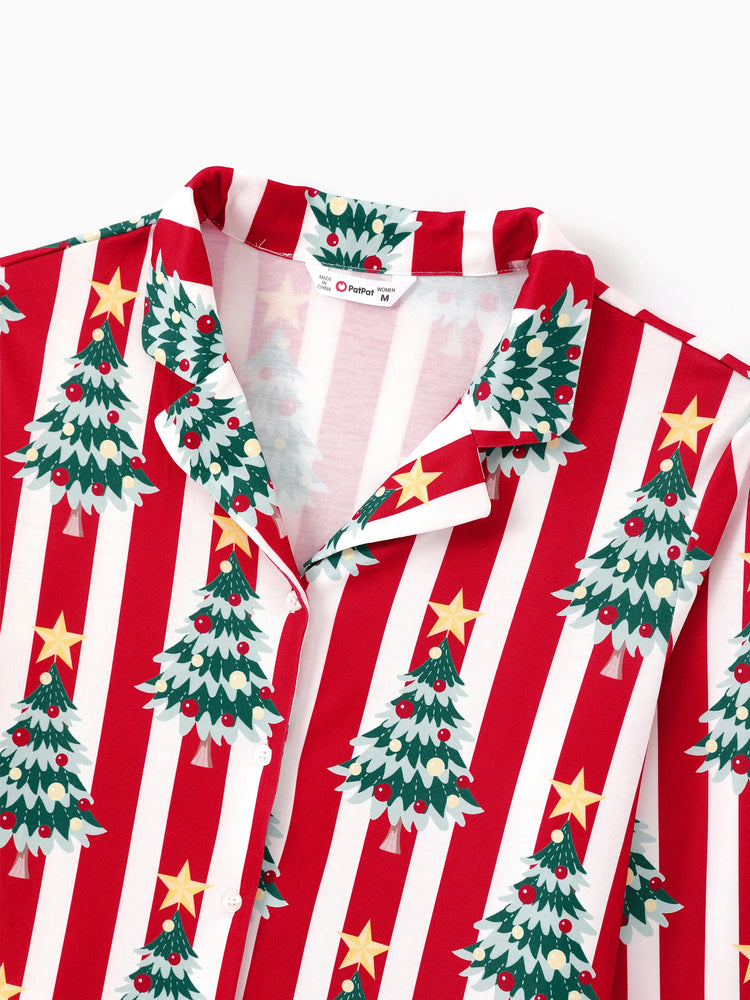 Christmas Family Matching Trees Print Stripes Long-sleeve Pajamas Sets with Christmas Socks Red