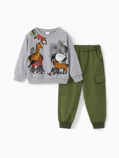2pcs Toddler Boy Animal Pattern Patch Pocket Set Grey
