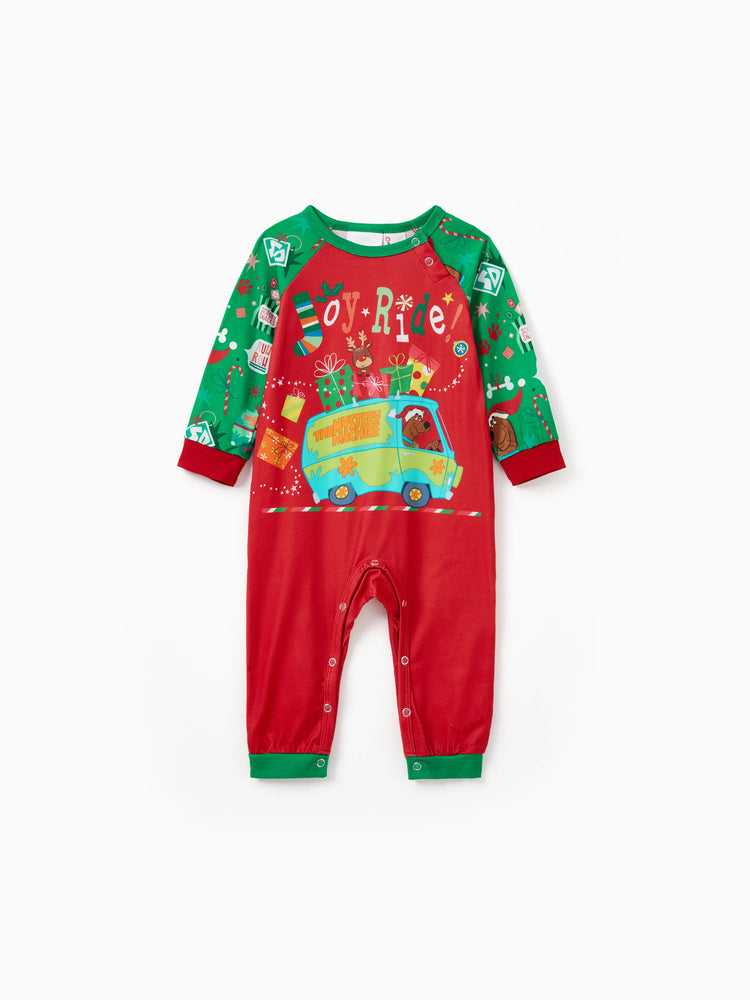 Scooby Doo Christmas Matching Family Pajamas Set Christmas Gift Car Pattern Long-sleeve Red and Green PJS with Christmas Socks Red