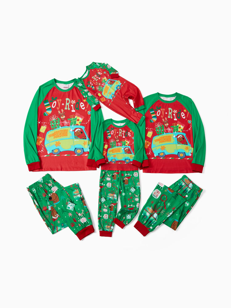 Scooby Doo Christmas Matching Family Pajamas Set Christmas Gift Car Pattern Long-sleeve Red and Green PJS with Christmas Socks Red