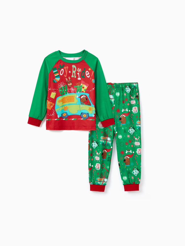 Scooby Doo Christmas Matching Family Pajamas Set Christmas Gift Car Pattern Long-sleeve Red and Green PJS with Christmas Socks Red