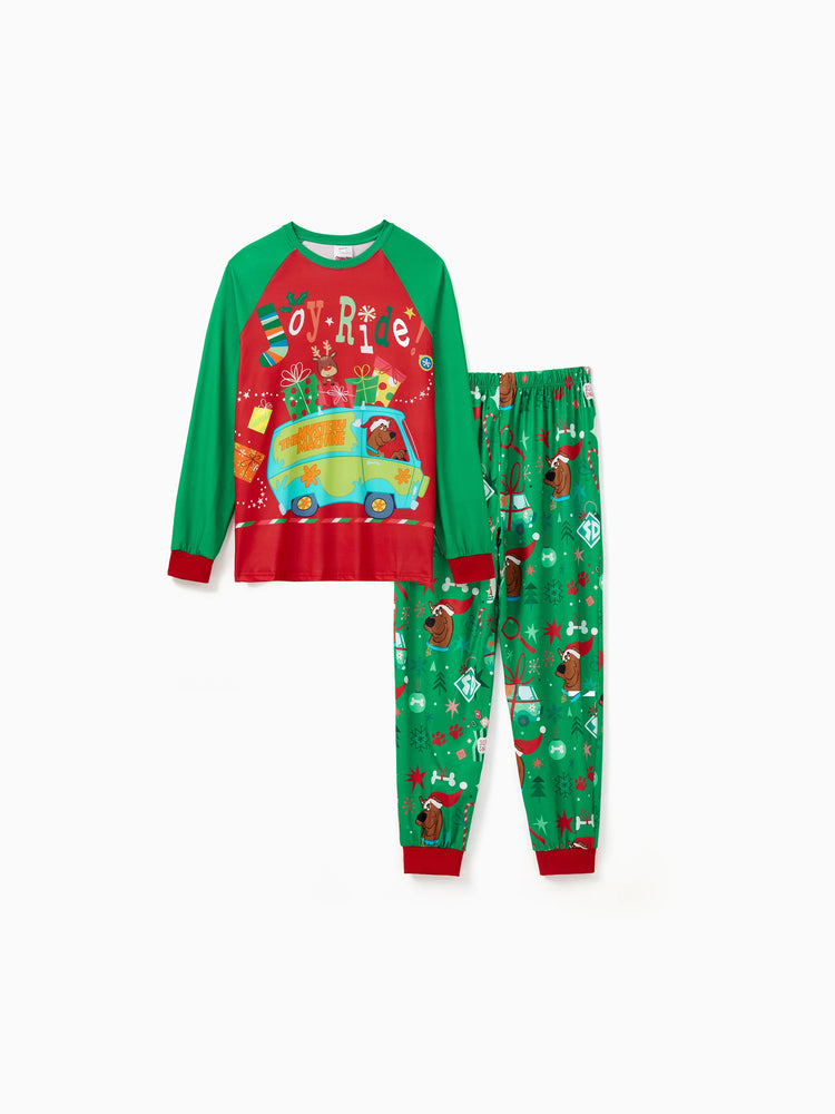 Scooby Doo Christmas Matching Family Pajamas Set Christmas Gift Car Pattern Long-sleeve Red and Green PJS with Christmas Socks Red