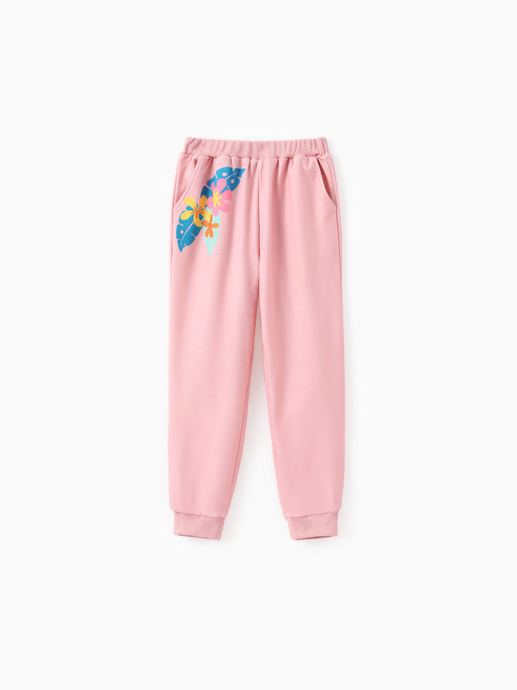 Disney Stitch Kid Girl 2pcs Floral And Palm Pattern Ruffled Long-sleeve Sweatshirt And Pants Set Lightorangepowder