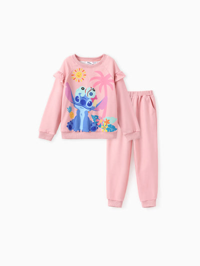 Ensemble 2 pièces Disney Stitch pour fille, sweat-shirt à manches longues et pantalon à volants, motif floral et palmier, orange poudre clair