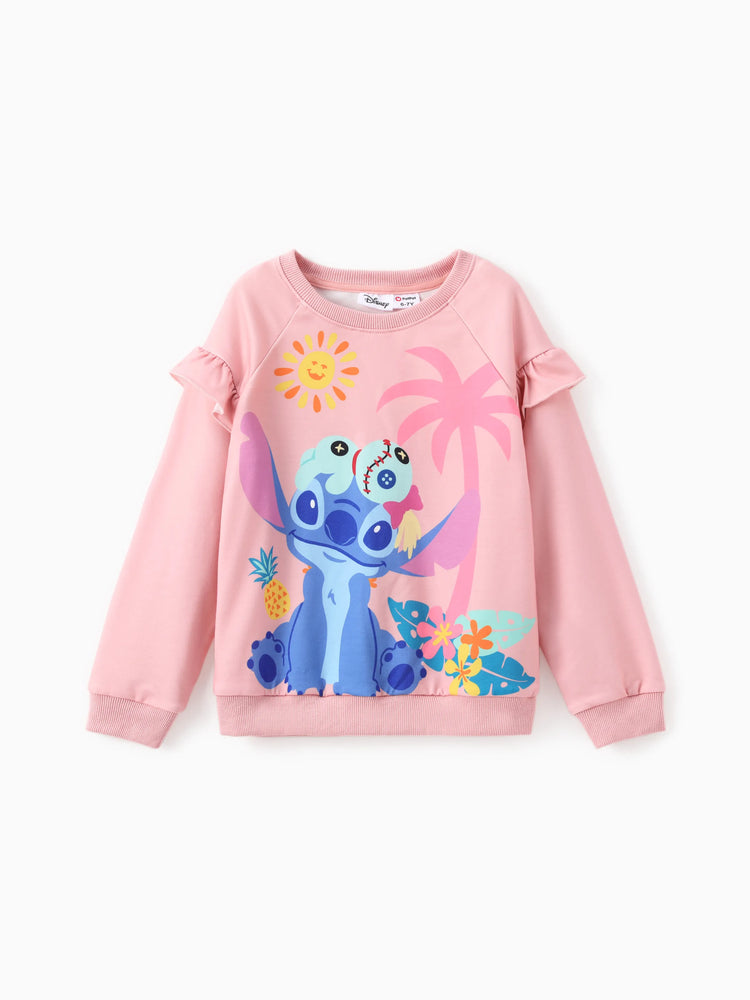 Disney Stitch Kid Girl 2pcs Floral And Palm Pattern Ruffled Long-sleeve Sweatshirt And Pants Set Lightorangepowder