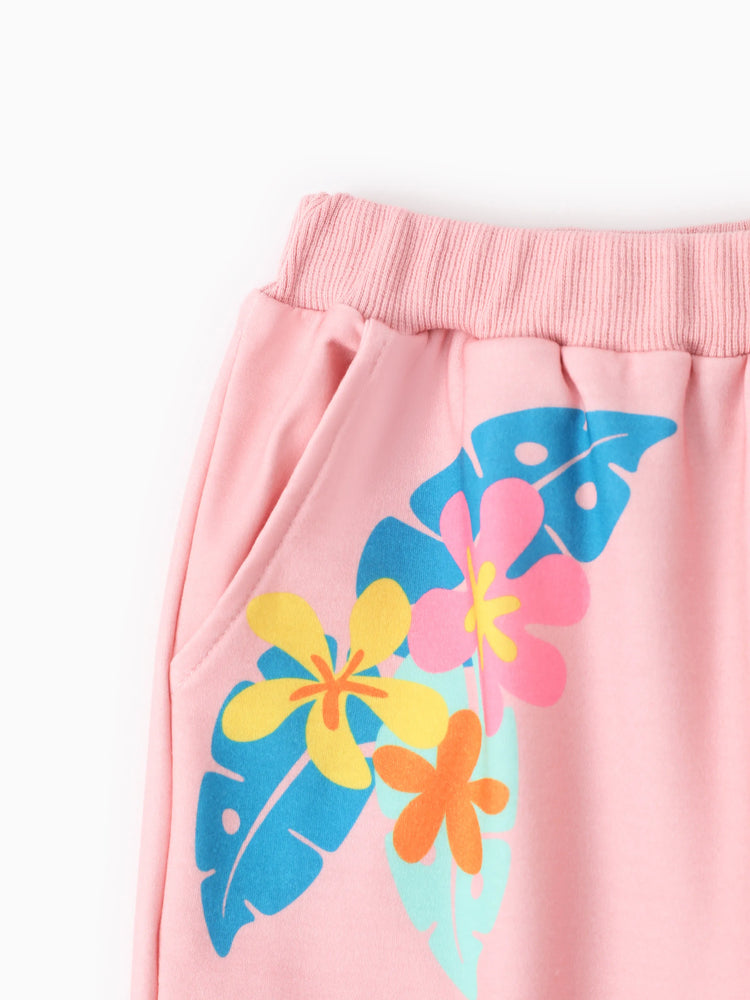 Disney Stitch Kid Girl 2pcs Floral And Palm Pattern Ruffled Long-sleeve Sweatshirt And Pants Set Lightorangepowder