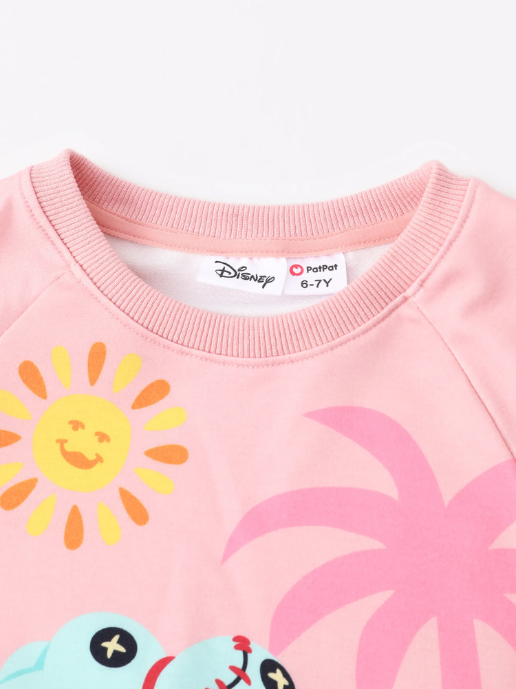 Disney Stitch Kid Girl 2pcs Floral And Palm Pattern Ruffled Long-sleeve Sweatshirt And Pants Set Lightorangepowder