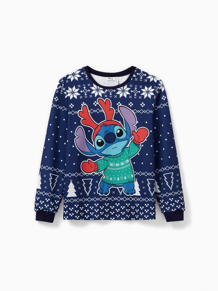 Haut à manches longues assorti Disney Stitch Family à motif flocon de neige et personnages de Noël, bleu roi
