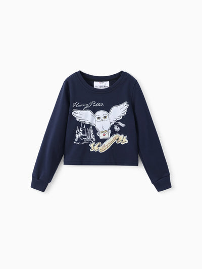Harry Potter Kid Girl 2pcs Owl Print Long-sleeve Sweatshirt And Bow tie Plaid Skirt Set royalblue
