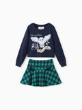 Ensemble 2 pièces Harry Potter pour fille, sweat-shirt à manches longues et jupe à carreaux avec nœud papillon, imprimé hibou, bleu roi