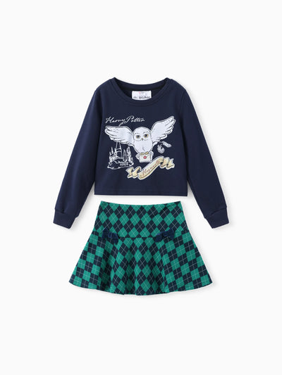Ensemble 2 pièces Harry Potter pour fille, sweat-shirt à manches longues et jupe à carreaux avec nœud papillon, imprimé hibou, bleu roi
