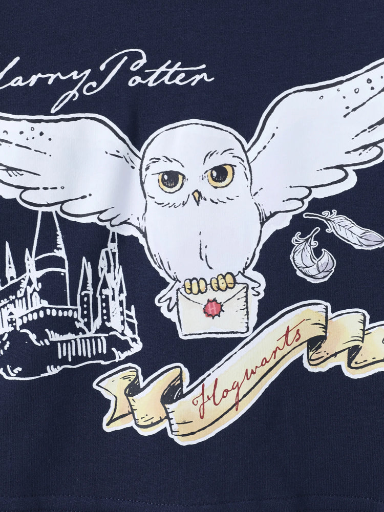 Ensemble 2 pièces Harry Potter pour fille, sweat-shirt à manches longues et jupe à carreaux avec nœud papillon, imprimé hibou, bleu roi