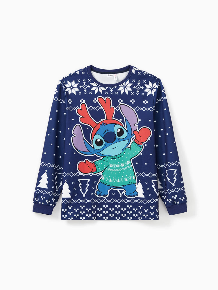 Haut à manches longues assorti Disney Stitch Family à motif flocon de neige et personnages de Noël, bleu roi