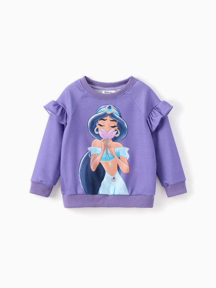 Conjunto de sudadera y pantalón con volantes de princesa Disney para niña pequeña, 2 piezas, estampado de jazmín, violeta azulado