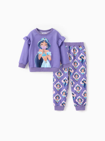 Disney Princess Toddler Girl 2pcs Jasmine Pattern Ruffled Sweatshirt And Pants Set bluishviolet