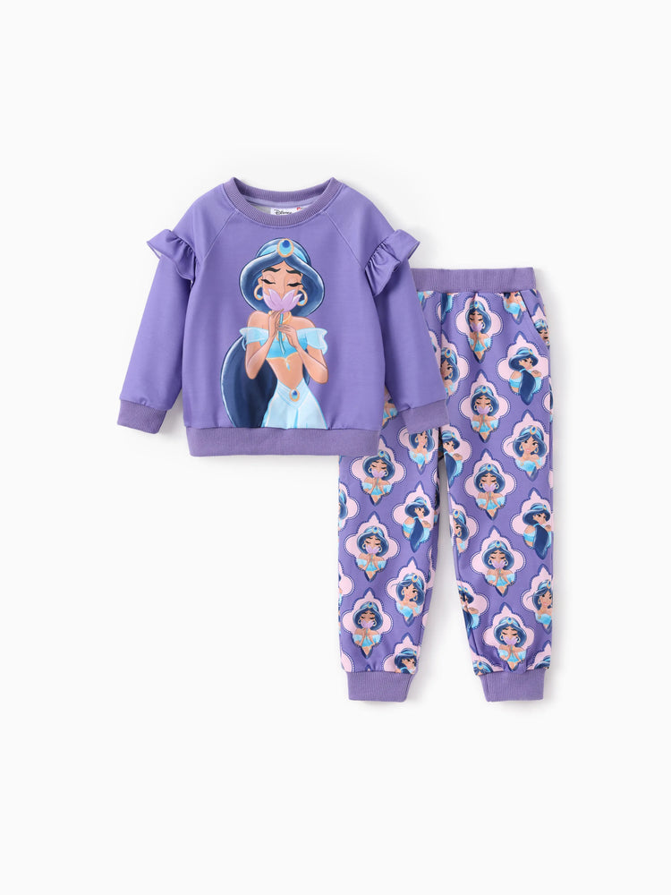Conjunto de sudadera y pantalón con volantes de princesa Disney para niña pequeña, 2 piezas, estampado de jazmín, violeta azulado