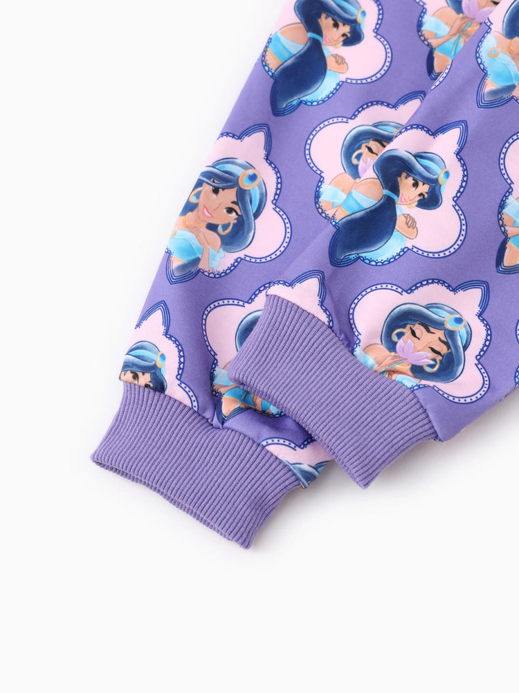 Conjunto de sudadera y pantalón con volantes de princesa Disney para niña pequeña, 2 piezas, estampado de jazmín, violeta azulado