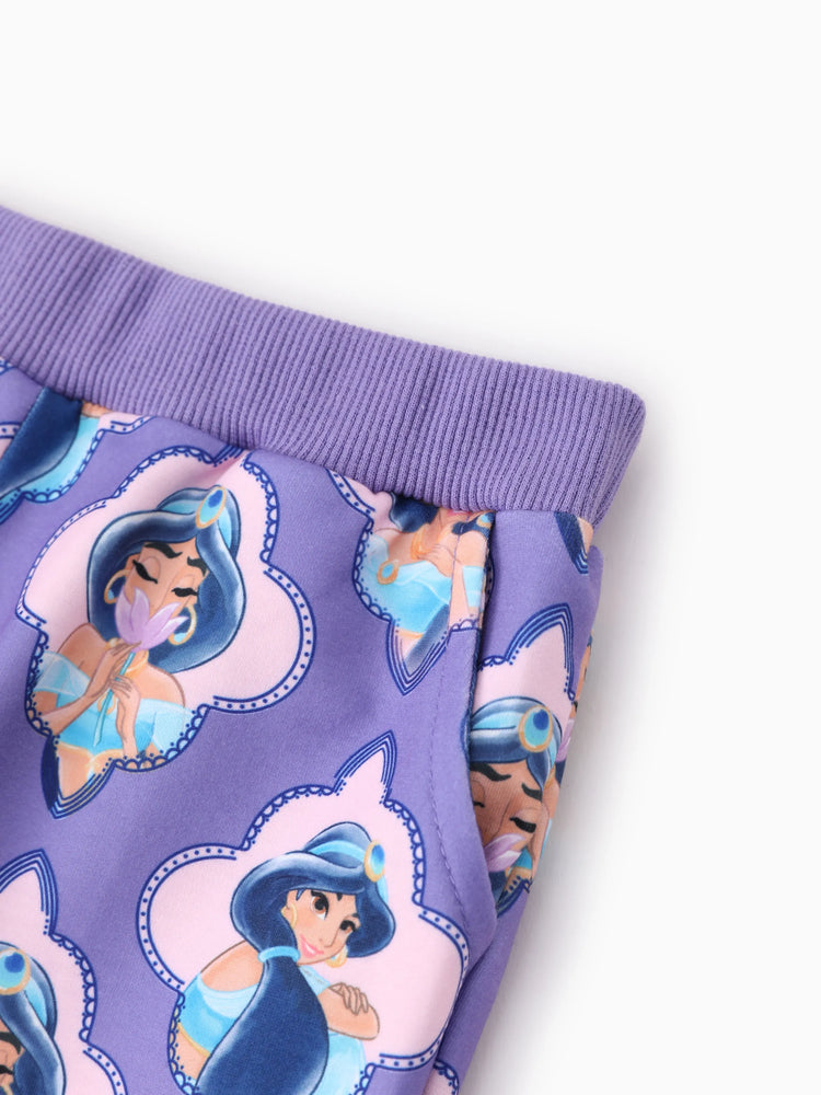 Conjunto de sudadera y pantalón con volantes de princesa Disney para niña pequeña, 2 piezas, estampado de jazmín, violeta azulado