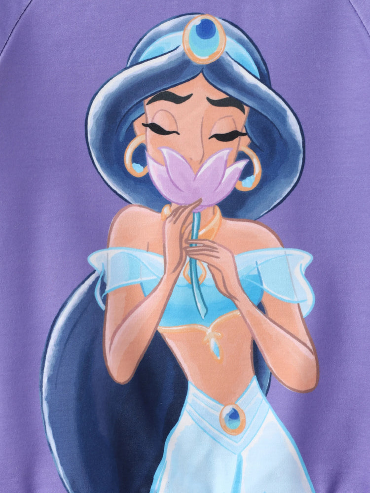 Conjunto de sudadera y pantalón con volantes de princesa Disney para niña pequeña, 2 piezas, estampado de jazmín, violeta azulado