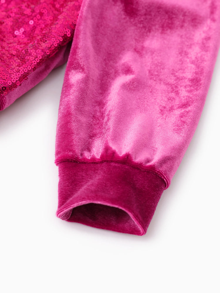 Barbie Clothing Toddler/Kid Girl 2pcs Character Embroidered Sequin Velvet Hooded Top And Flared Pants Set
 Rose pink