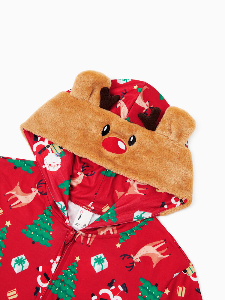 Pyjama de Noël familial, combinaison à capuche et imprimé renne 3D avec chaussettes de Noël, rouge-2