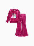 Barbie Clothing Toddler/Kid Girl 2pcs Character Embroidered Sequin Velvet Hooded Top And Flared Pants Set
 Rose pink