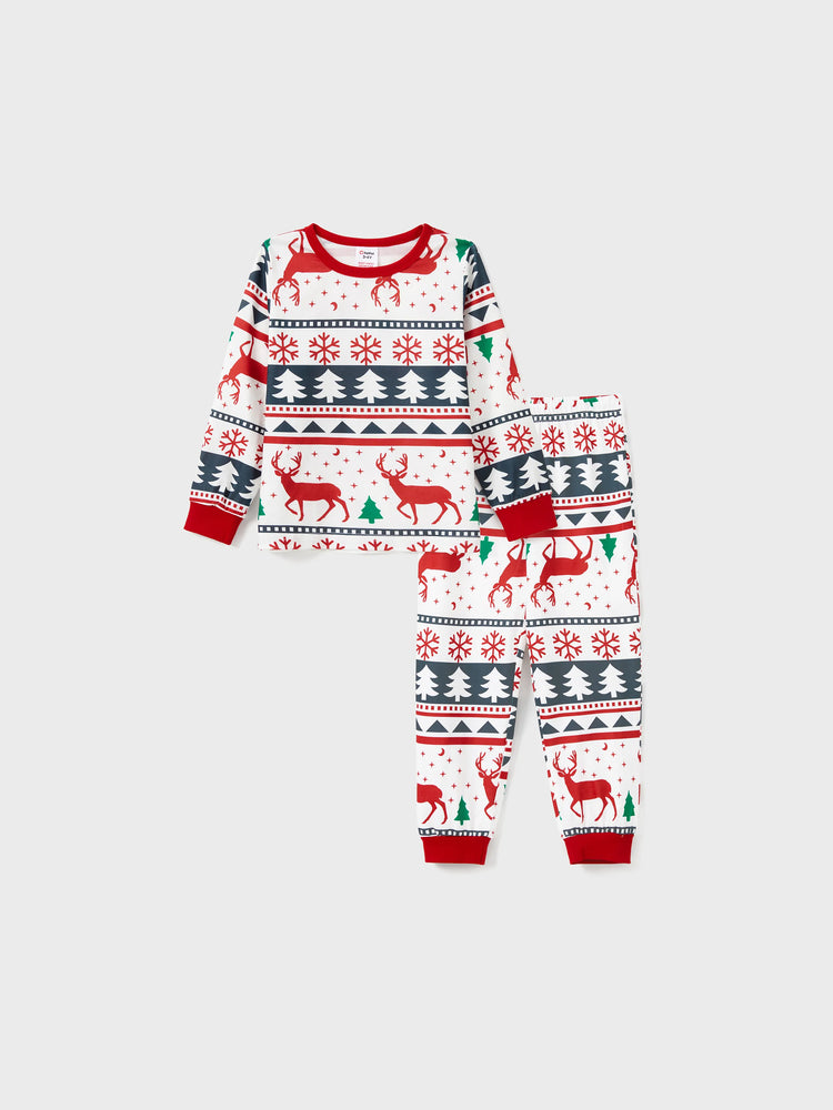 Pyjama de Noël familial à manches longues et imprimé renne avec chaussettes de Noël (certifié SGS) Rouge et blanc