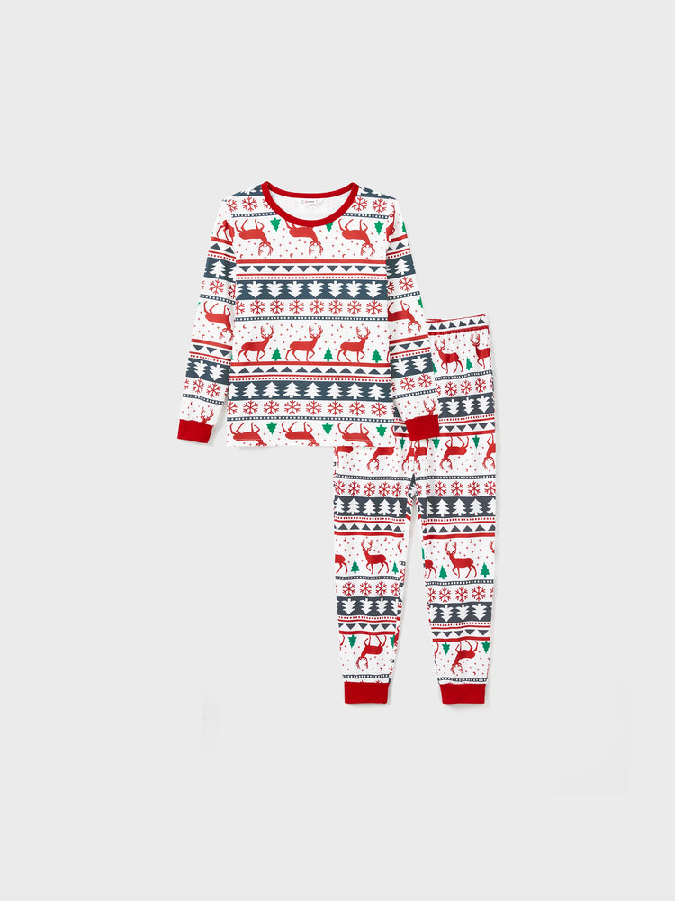 Pyjama de Noël familial à manches longues et imprimé renne avec chaussettes de Noël (certifié SGS) Rouge et blanc