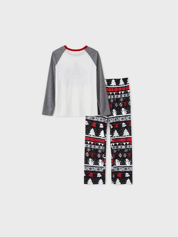 Christmas Tree Snowflake and Letters Print Grey Family Matching Long-sleeve Pajamas Sets with Christmas Socks Grey