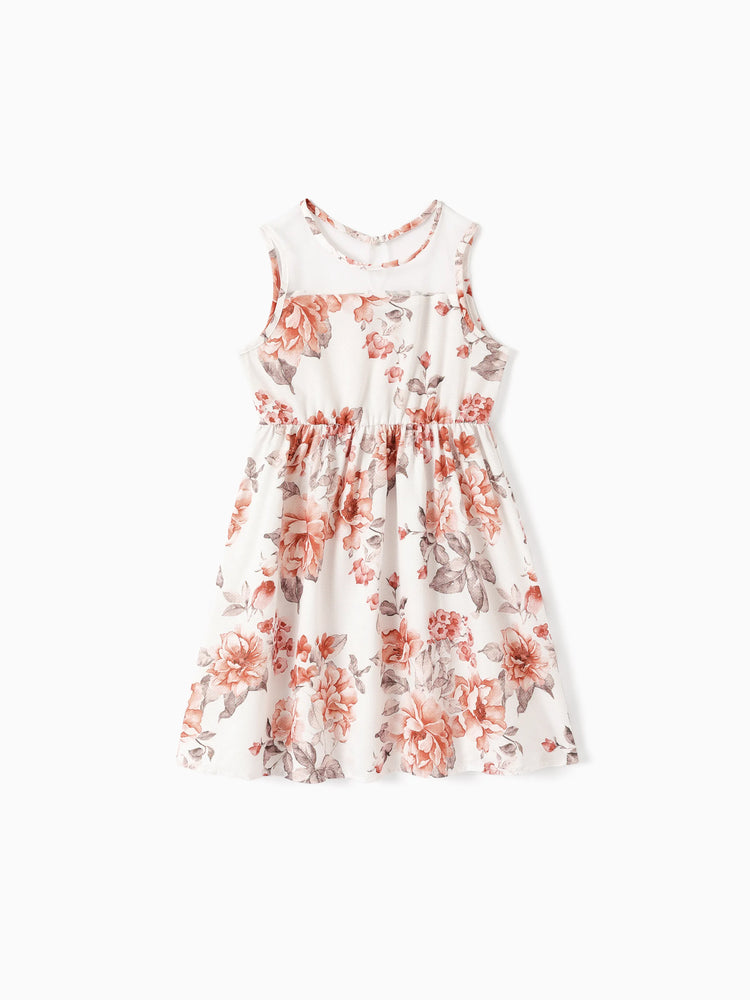 Kid Girl Floral Print Mesh Design Sleeveless Dress DarkOrange