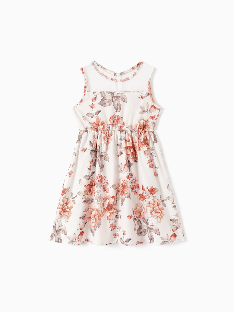 Kid Girl Floral Print Mesh Design Sleeveless Dress DarkOrange