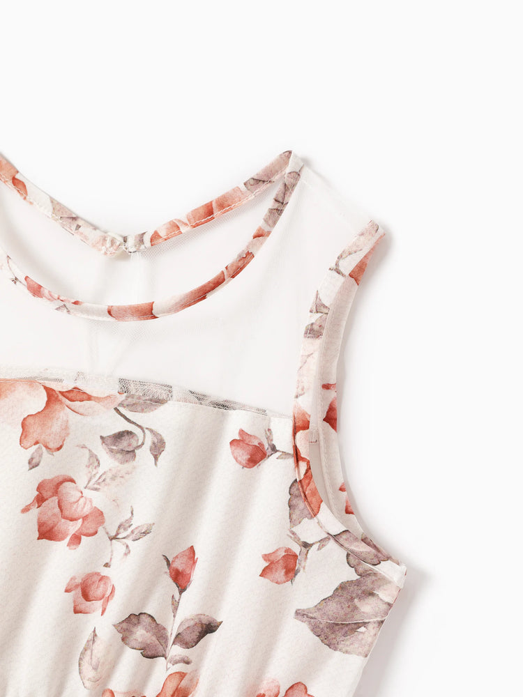 Kid Girl Floral Print Mesh Design Sleeveless Dress DarkOrange