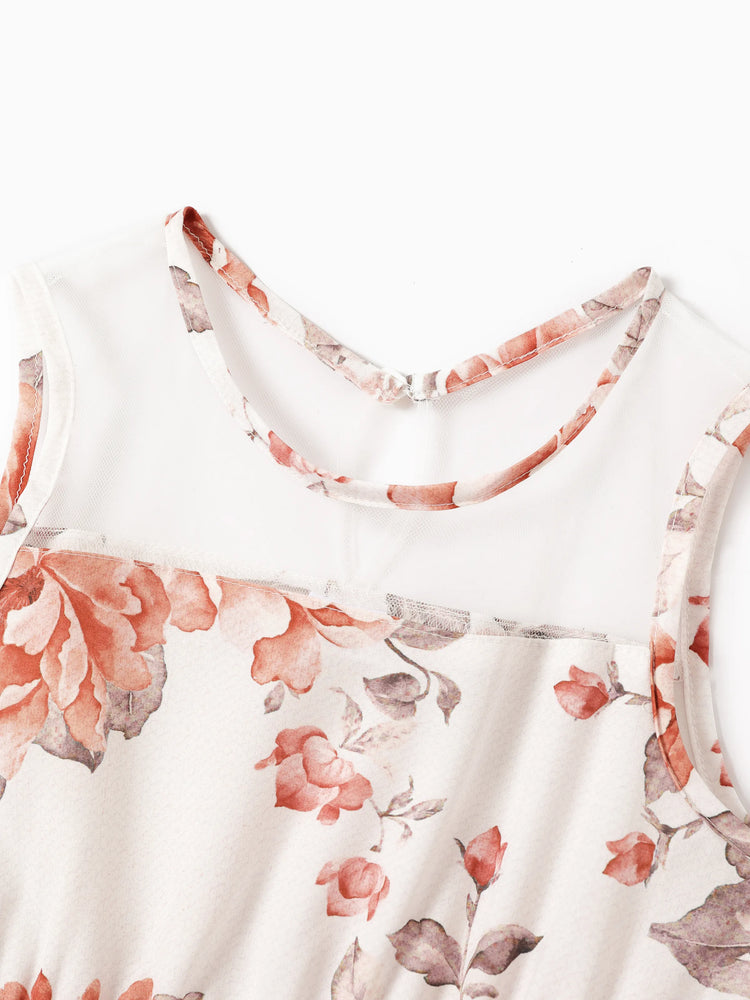 Kid Girl Floral Print Mesh Design Sleeveless Dress DarkOrange