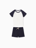 2-teiliges T-Shirt mit Raglanärmeln in Waffelmuster und einfarbigen Shorts für Kleinkinder und Jungen dunkelblau