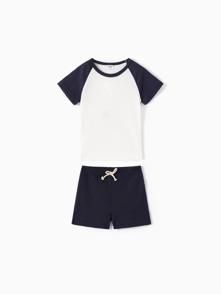 2-teiliges T-Shirt mit Raglanärmeln in Waffelmuster und einfarbigen Shorts für Kleinkinder und Jungen dunkelblau