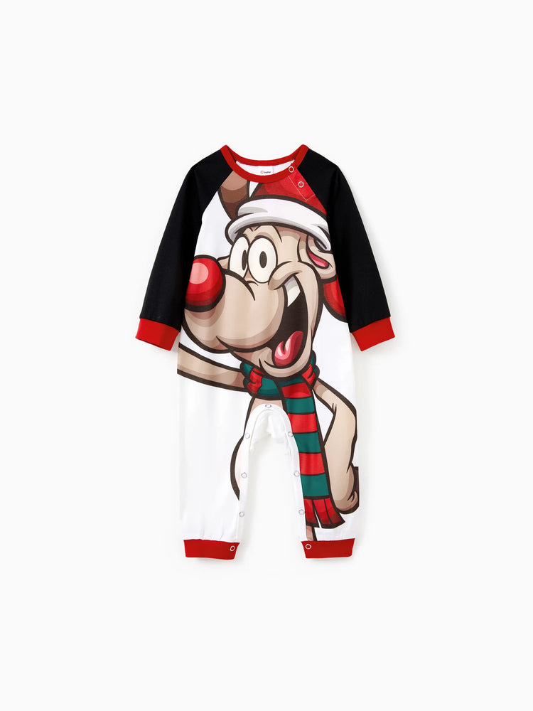 Christmas Pajamas Outfits Matching for Family Raglan Sleeves Quirky Reindeer Graphic Plaid Pants Pajamas Sets BlackandWhite