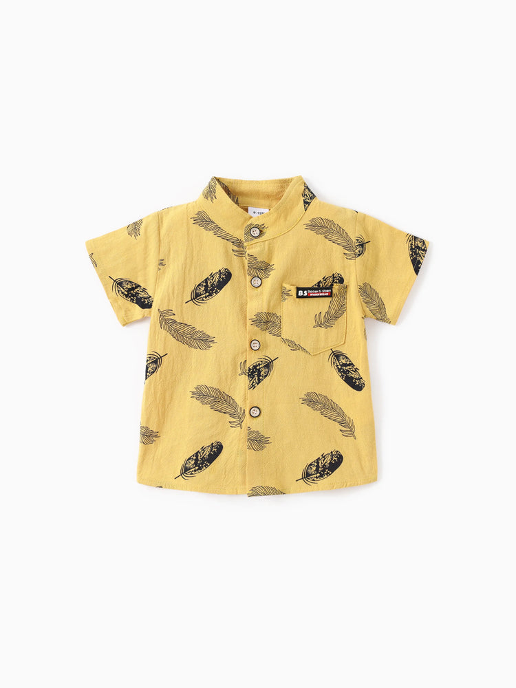 2pcs Baby Boy 100% Cotton Short-sleeve All Over Feather Print Button Up Shirt and Solid Shorts Set Yellow