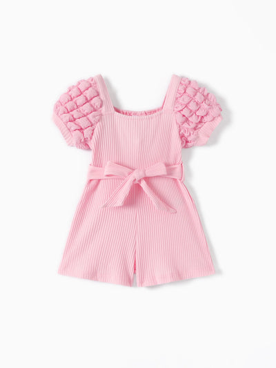 Baby Girl Puff-sleeve Solid Color Jumpsuit Pink