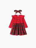 Robe de Noël à volants et imprimé quadrillé pour petite fille avec bandeau rouge