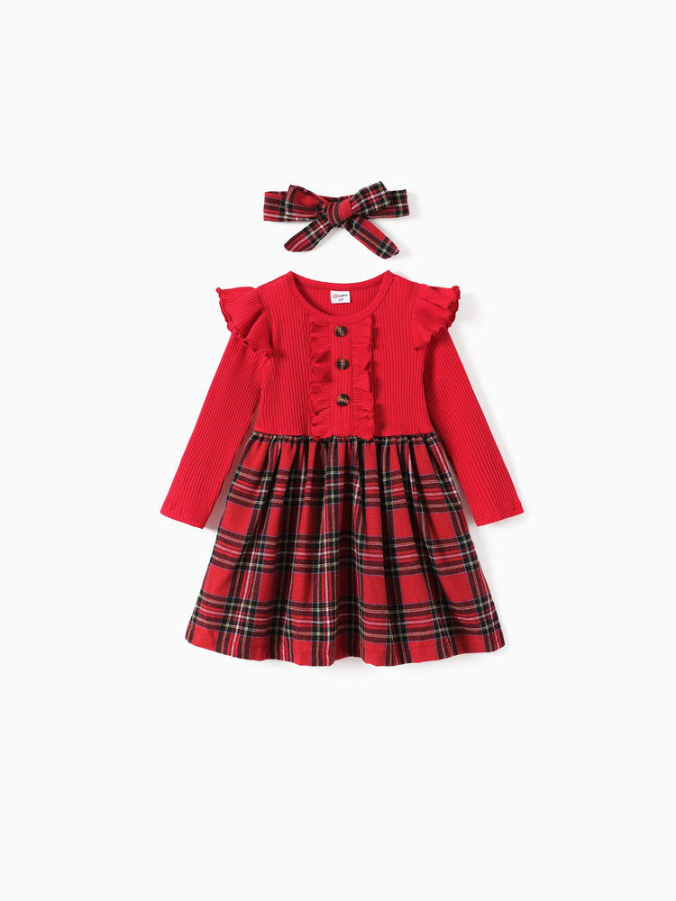 Robe de Noël à volants et imprimé quadrillé pour petite fille avec bandeau rouge