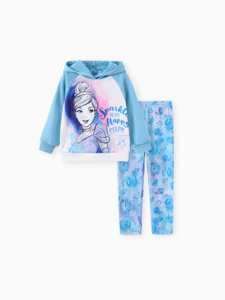 Disney Princess Toddler Girl 2pcs Cinderella Floral Gradient Drop-shoulder Hoodie with Leggings Set Blue