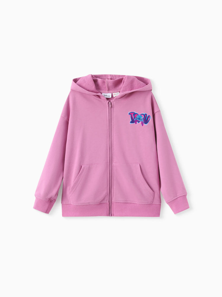 Disney Stitch Kid GIrl 1pc Cotton Character Heart Pattern Hooded Zipper Jacket Pink purple