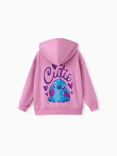 Disney Stitch Kid GIrl 1pc Cotton Character Heart Pattern Hooded Zipper Jacket Pink purple