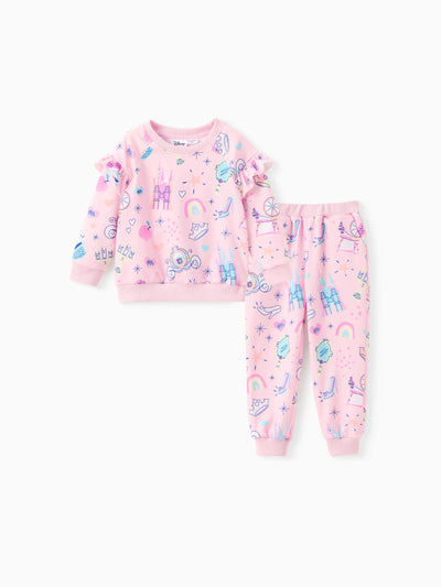 Ensemble 2 pièces sweat-shirt à manches longues et pantalon à volants pour petite fille, motif princesse Disney Jasmine/Cendrillon/Aurore/Bella, rose clair