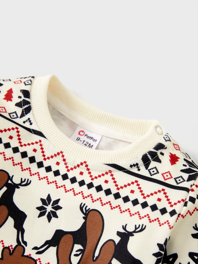 Christmas Reindeer Sweatshirt Big Graphic Long Sleeves Tops Beige