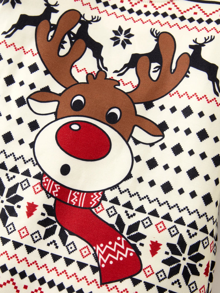 Christmas Reindeer Sweatshirt Big Graphic Long Sleeves Tops Beige