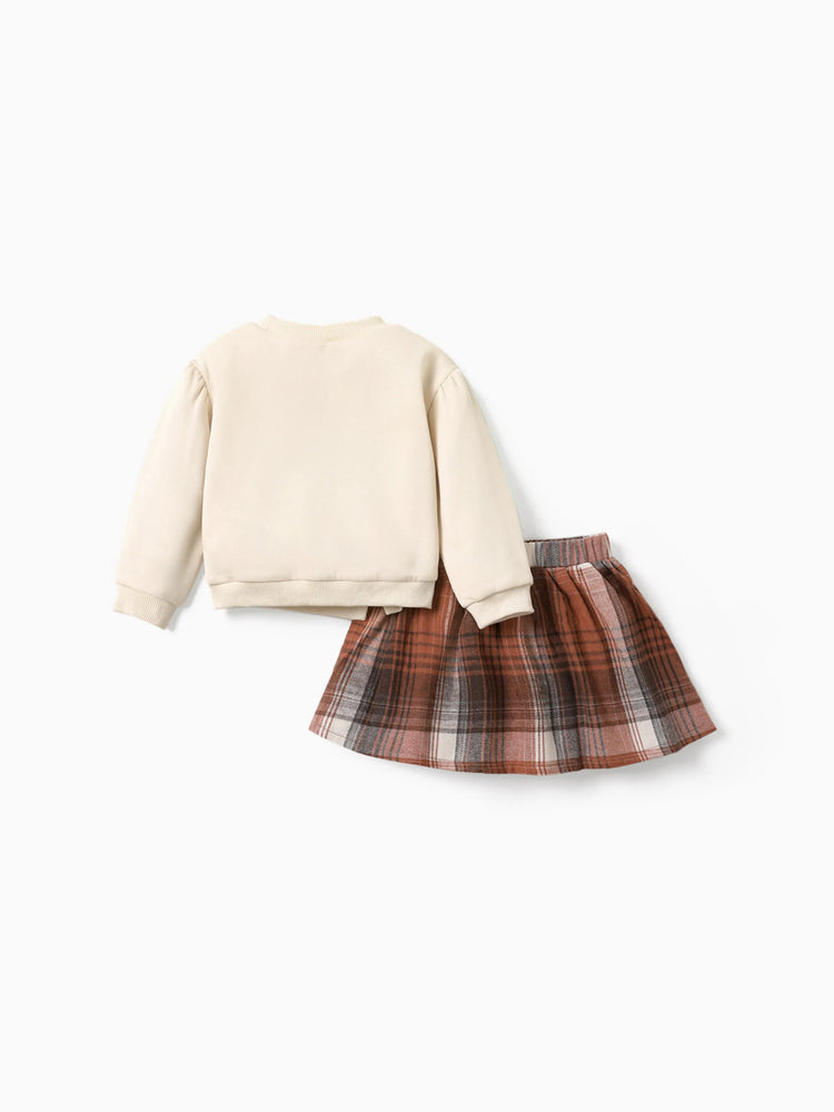 2-piece Toddler Girl Bowknot Design Sweatshirt and Plaid Skirt Set Apricot