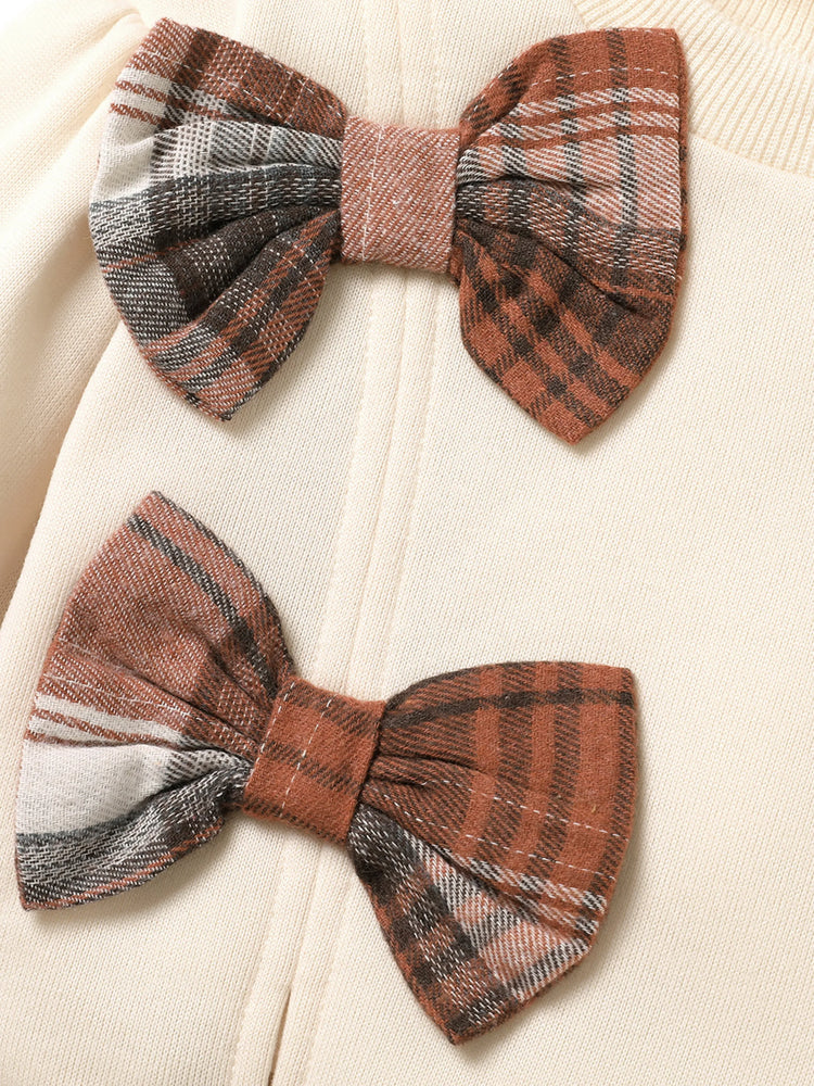 2-piece Toddler Girl Bowknot Design Sweatshirt and Plaid Skirt Set Apricot
