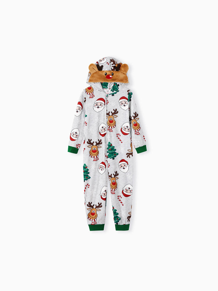 Grey Christmas Pajamas 3D Reindeer Pattern Zipper Onesies Matching Family Outfits Light Grey