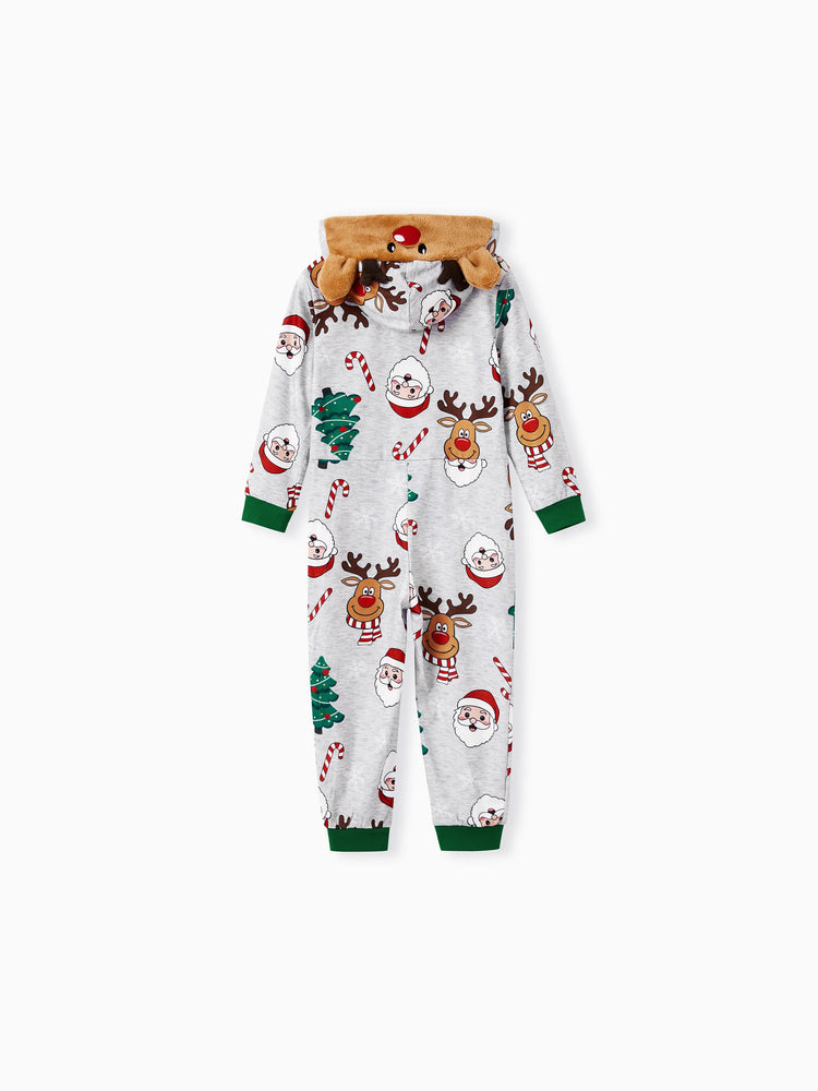 Grey Christmas Pajamas 3D Reindeer Pattern Zipper Onesies Matching Family Outfits Light Grey